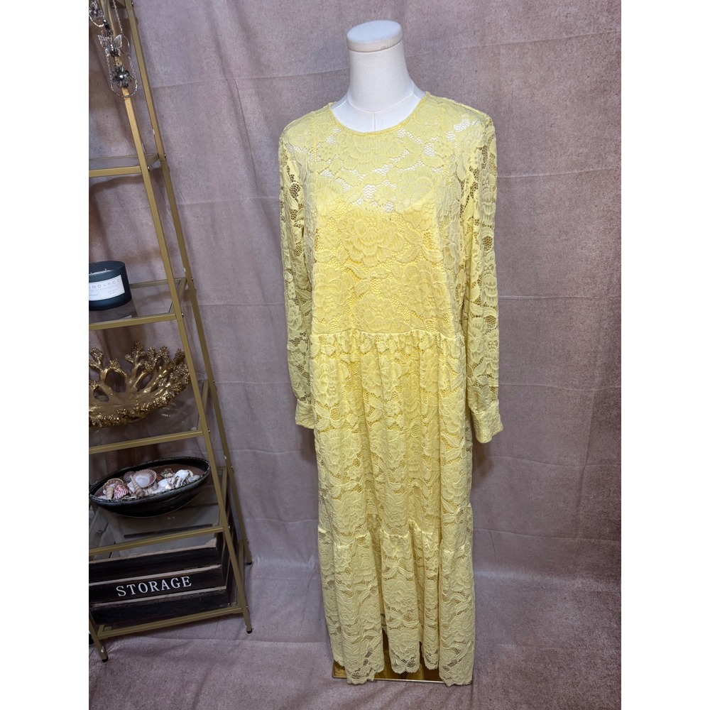 Hutch Yellow Floral Lace Maxi Dress Long Sleeve Tiered Occasion Gown Womens M